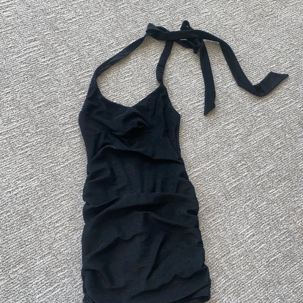 Lucy in the Sky Black Halter Ruched Mini Dress with Tie Neck